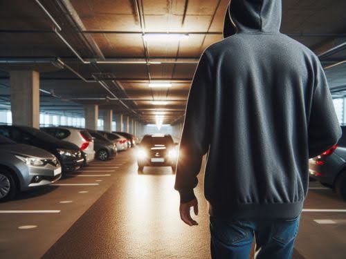A man walking up to a car in a parking garage.