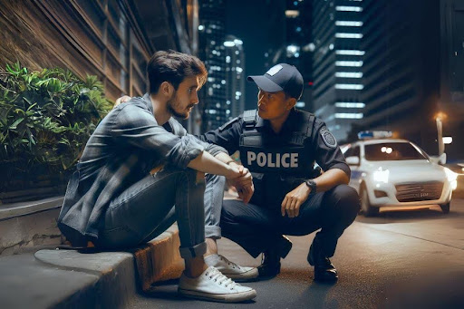 A man sitting on a curb in columbus talking to a police officer after a violent incident