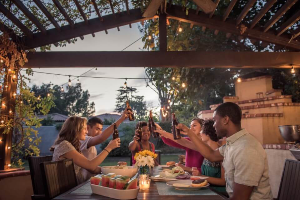 a group of friends drinking at a backyard bbq