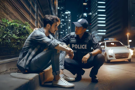 a man sitting on the curb in the columbus talking to police